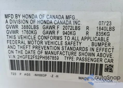 2023 Honda Civic Sport from USA, damaged, VIN 2HGFE2F52PH567859